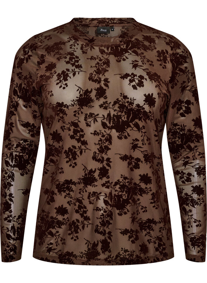 Meshbluse med blomstertrykk, Brun, Packshot image number 0