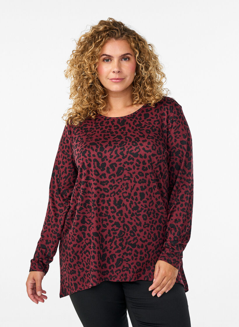 Leopardmønstret bluse med lange ermer, Mørk Bordeaux, Model image number 0