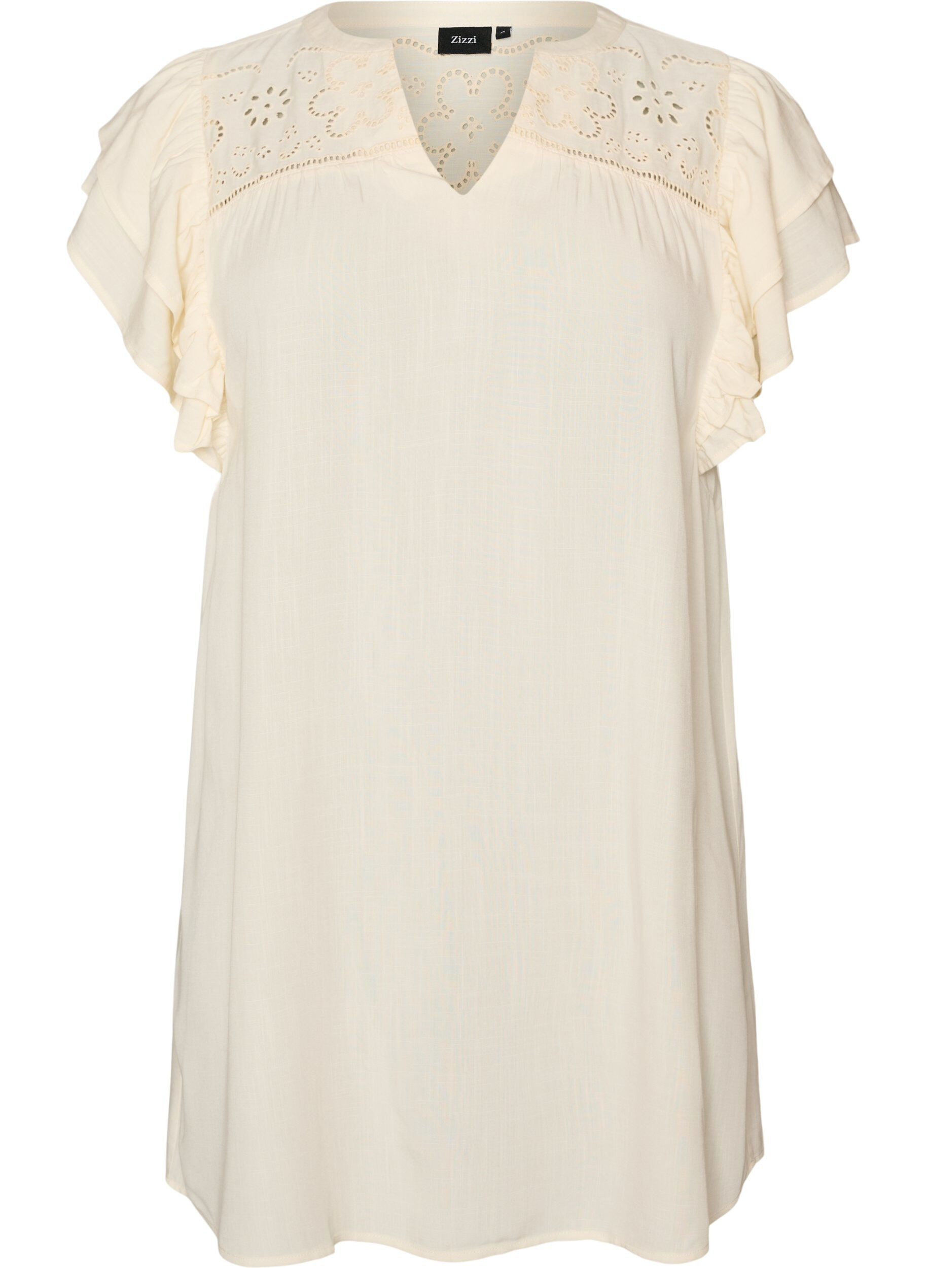 Tunika med broderie anglaise og volangermer