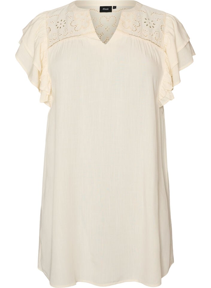 Tunika med broderie anglaise og volangermer, Beige, Packshot image number 0