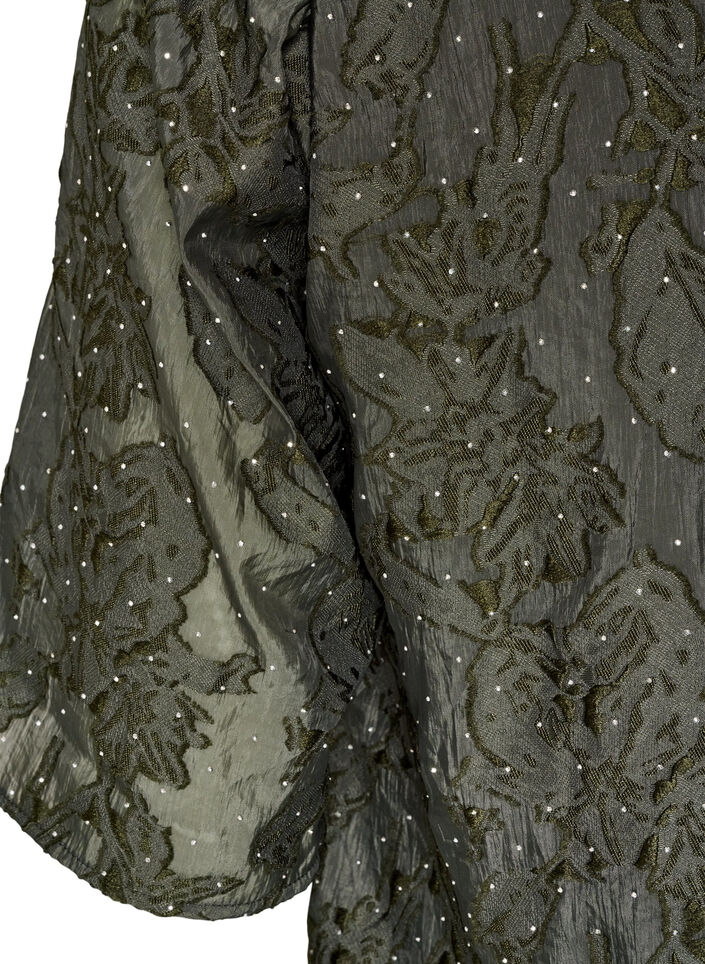 Jacquard bluse med glitrende detaljer og puffede ermer, Gr&oslash;nn, Packshot image number 3