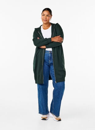 Zizzi Lang treningscardigan i bomull med hette, Grønn, Model image number 1