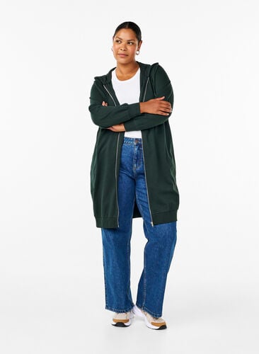 Zizzi Lang treningscardigan i bomull med hette, Grønn, Model image number 1