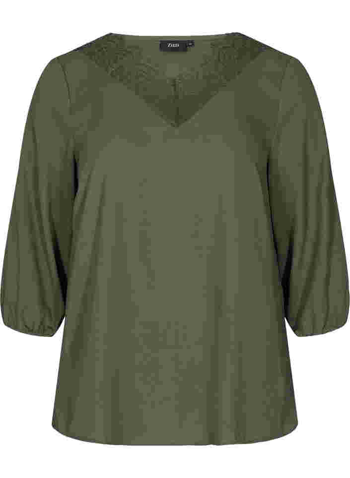 Ensfarget bluse med blonder og 3/4-ermer, Thyme, Packshot image number 0