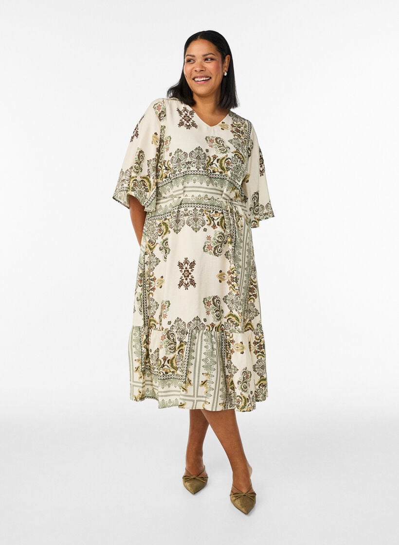 M&oslash;nstret midikjole i viskose med knytebelte, Gr&oslash;nn, Model image number 0