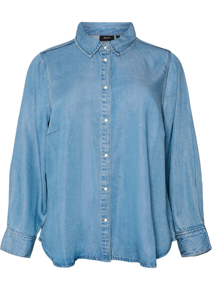 Denimskjorte i lyocell med trykknapper, Bl&aring;, Packshot image number 0