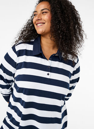 Zizzi Langermet poloskjorte med striper, Blå, Image image number 0
