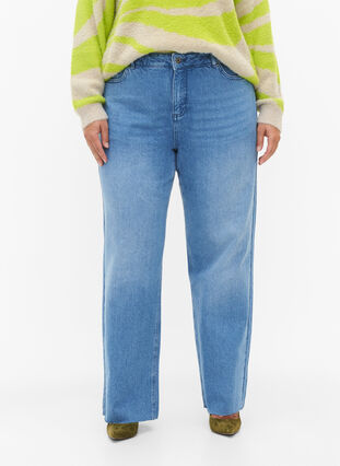 Jeans med rå kanter og rett passform, Medium Blue, Model image number 2