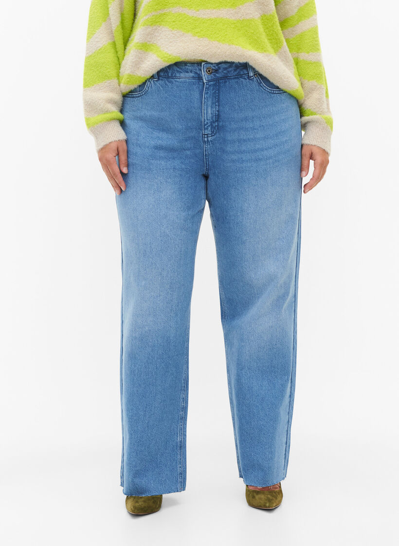Jeans med rå kanter og rett passform, Medium Blue, Model image number 2