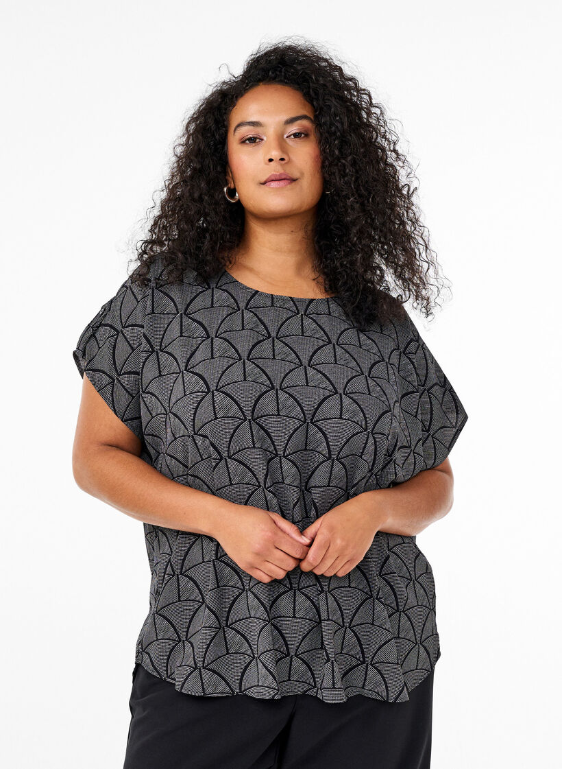 Kortermet bluse med trykk, Black Grey Graphic , Model image number 0