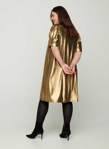 Kjole med korte puffermer og a-form, Gold, Model image number 1