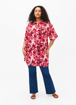 Lang skjorte med heldekkende trykk, Pink AOP Flower, Model image number 2