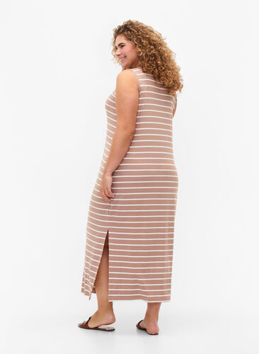 Ermeløs kjole i ribbestrikket viskose, Natural W. Stripe, Model image number 1