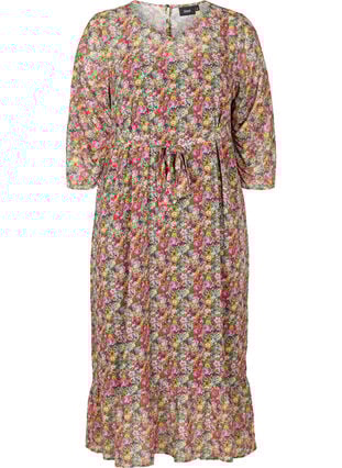 Zizzi Blomstrete midikjole med knyting i midjen, Pink Flower AOP, Packshot image number 0