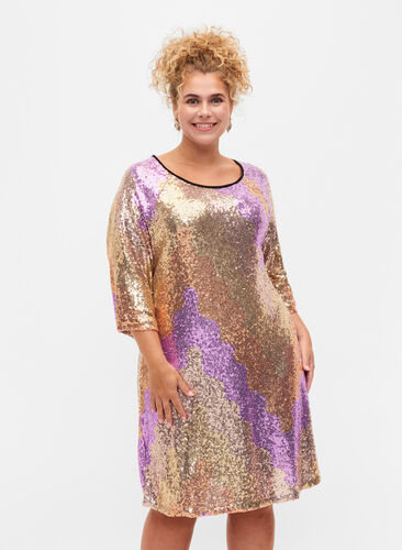 Paljettkjole med 3/4-ermer, Gold Mulit Sequins, Model image number 0