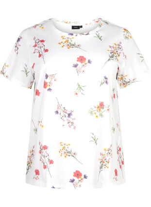 T-skjorte i økologisk bomull med blomstertrykk, Bright W. AOP Flower, Packshot image number 0