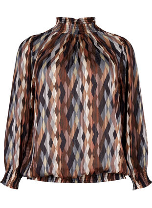 Zizzi Mønstrete bluse med smock, Earthy Zig Zag, Packshot image number 0