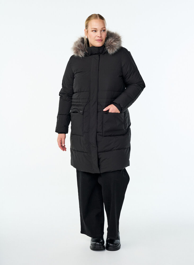 Vannavstøtende parkas med imitert pelskrage, Svart, Model image number 1