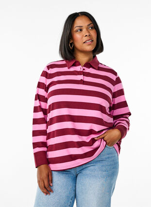 Zizzi Langermet poloskjorte med striper, Mørk Bordeaux, Model image number 0
