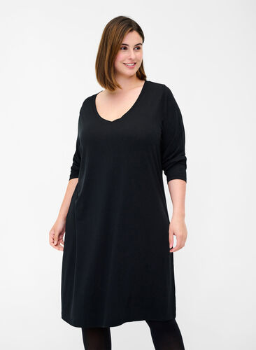 Ensfarget kjole med V-hals og lange ermer, Black, Model image number 0