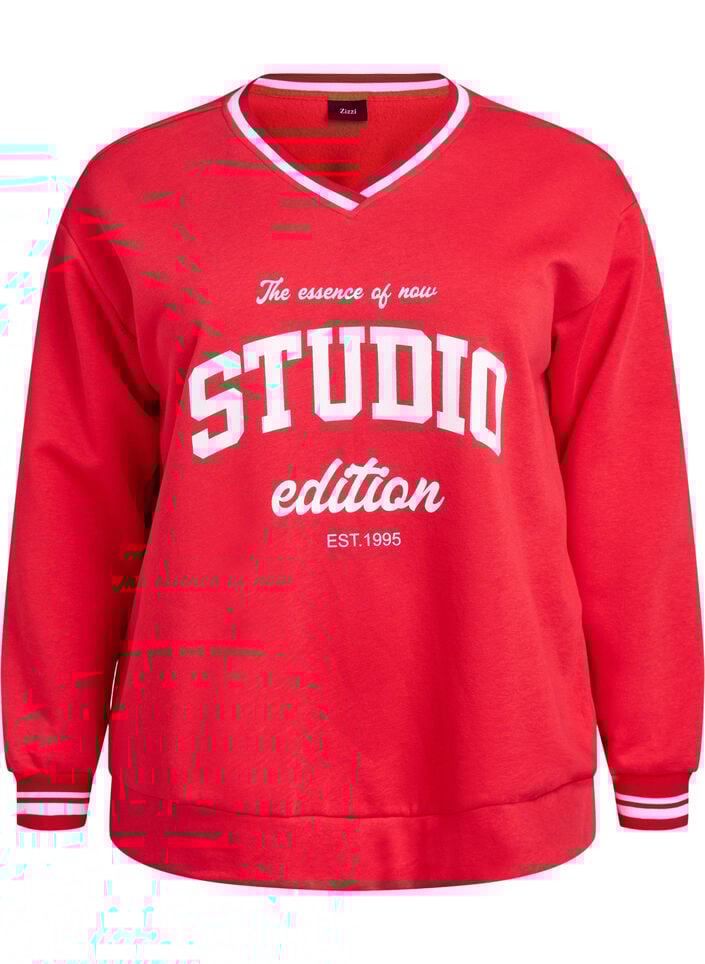 Genser med V-hals og teksttrykk, Rød, Packshot