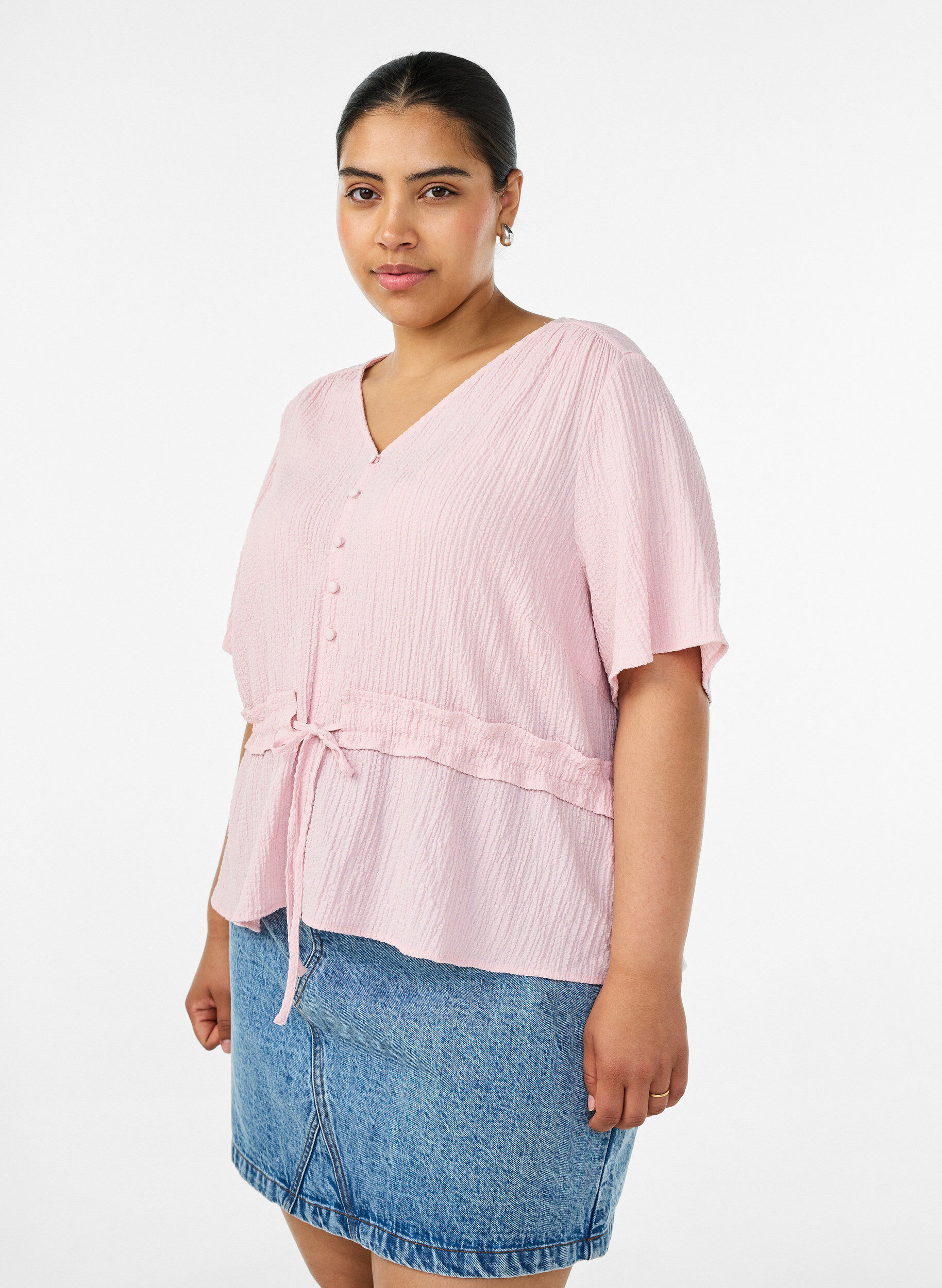 Bluse med tekstur og knytebelte, Rosa, Model