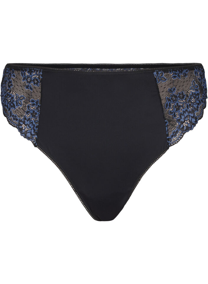 Mikrofiber-G-string med blonder, Black w Blue, Packshot image number 0