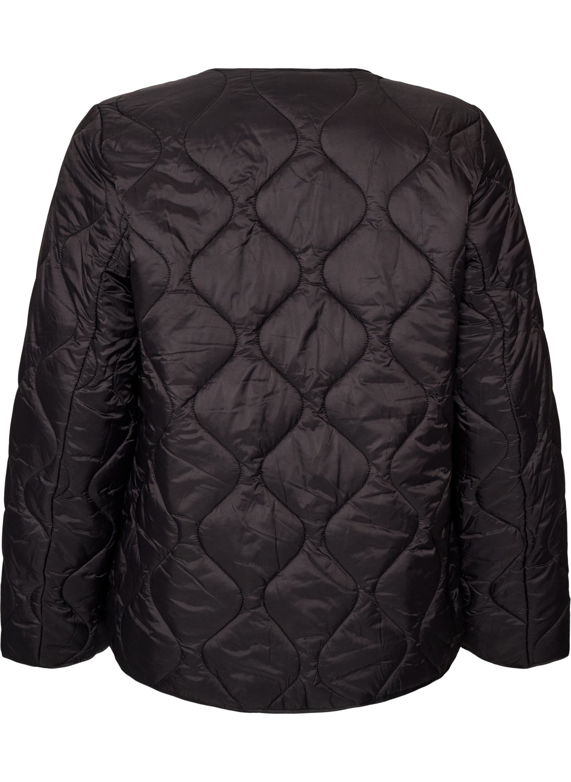 ZizziQuiltet jakke med trykknapper og rund hals, Svart, Packshot image number 1