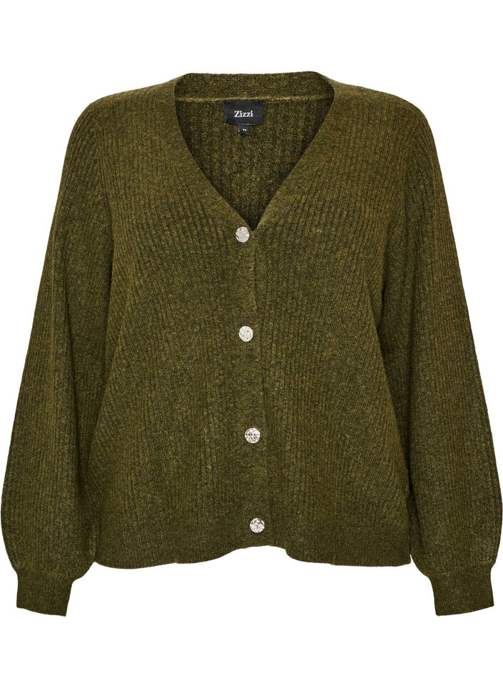 Cardigan med V-hals og ribbestruktur, Gr&oslash;nn, Packshot image number 0