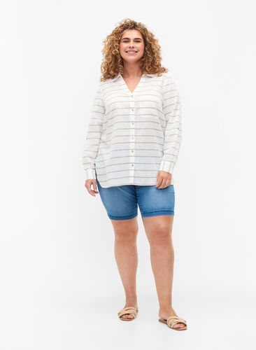 Skjortebluse med knappelukking, White Taupe Stripe, Model image number 2