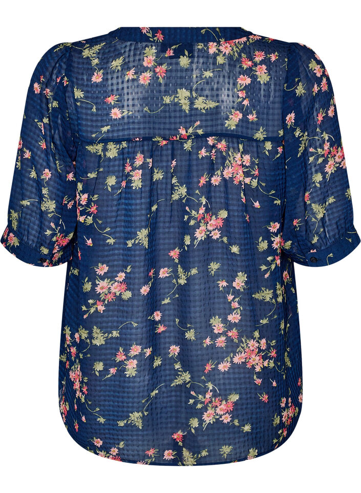 Bluse med blomstertrykk og V-hals, Bl&aring;, Packshot image number 1