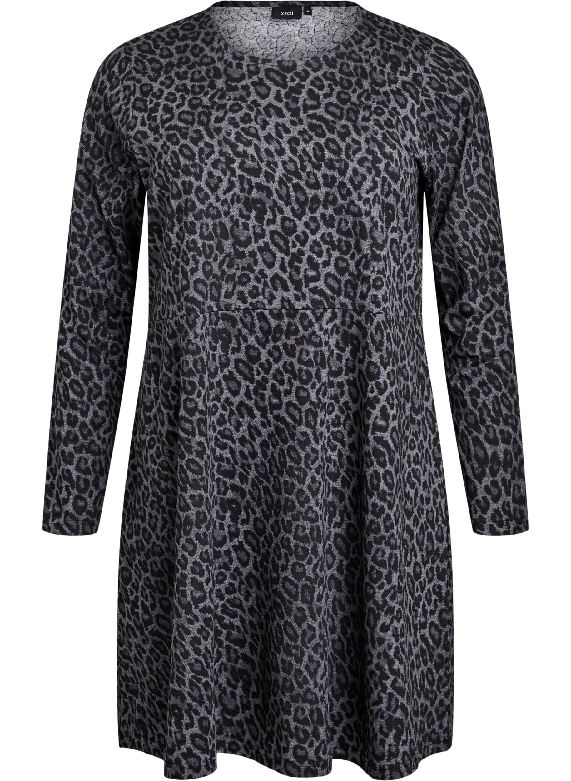 Zizzi Langermet kjole med rund hals og leopardm&oslash;nster, Dark Grey Leo, Packshot image number 0