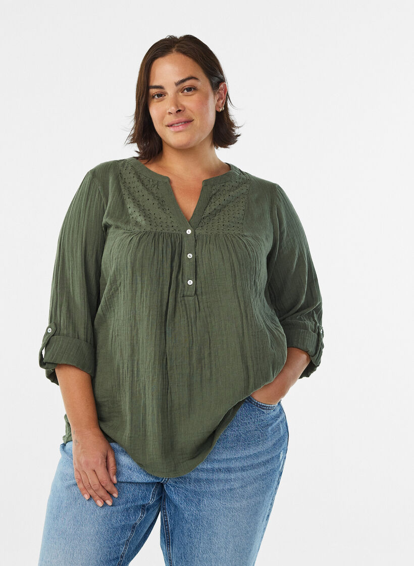 Bluse i bomullsmuslin med broderi anglaise, Gr&oslash;nn, Model image number 0