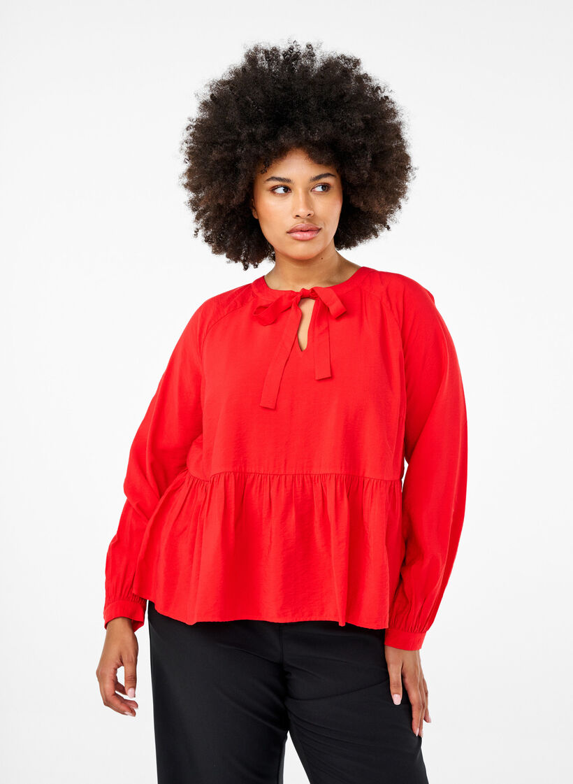 Bluse med sløyfe og lange ermer, Rød, Model image number 0