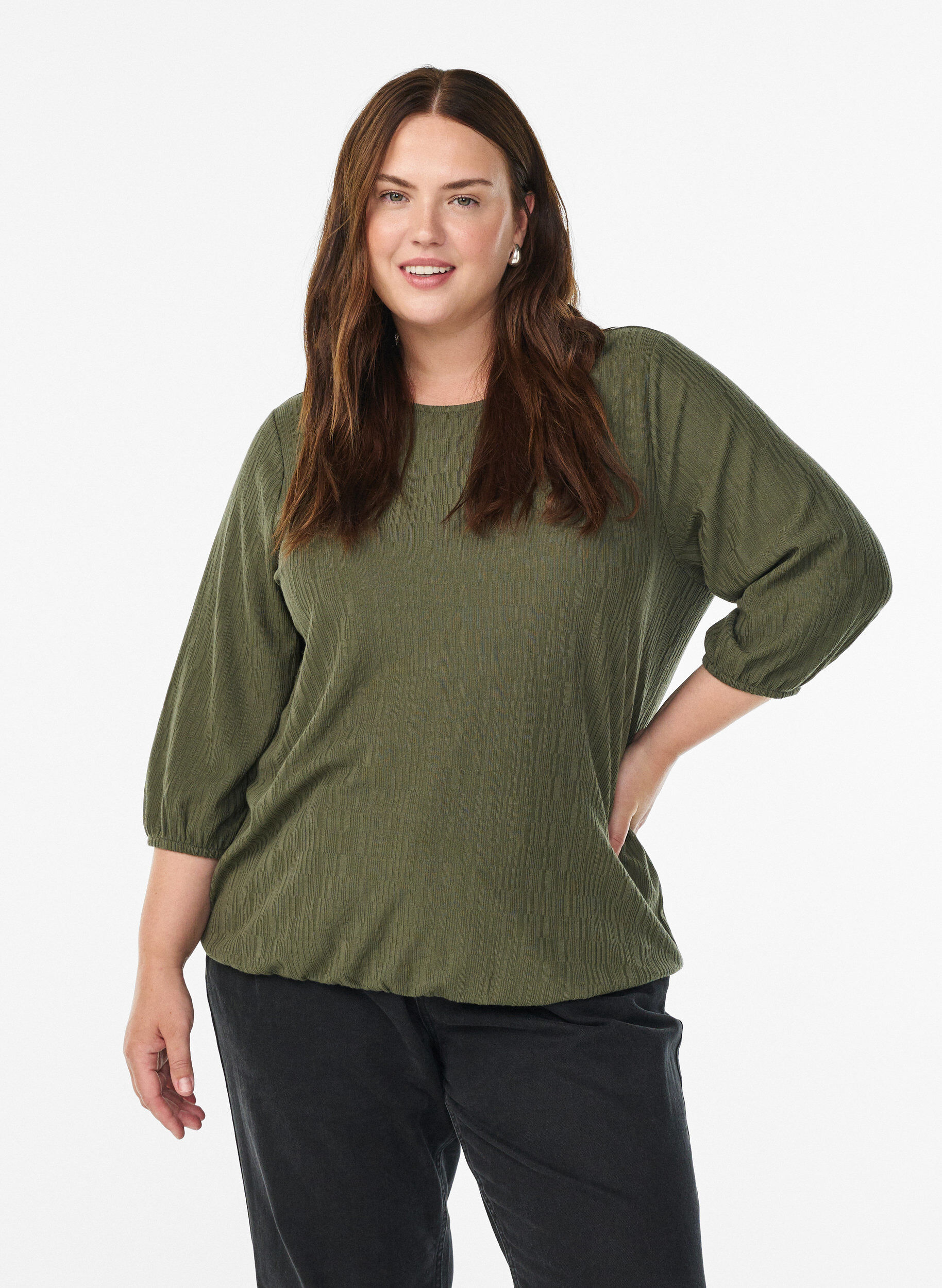 ZizziBluse med tekstur og 3/4 ermer, Gr&oslash;nn, Model image number 0
