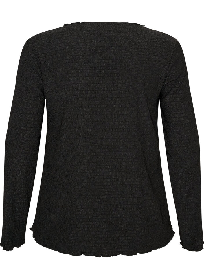 Strukturert bluse med b&oslash;lgede kanter, Svart, Packshot image number 1