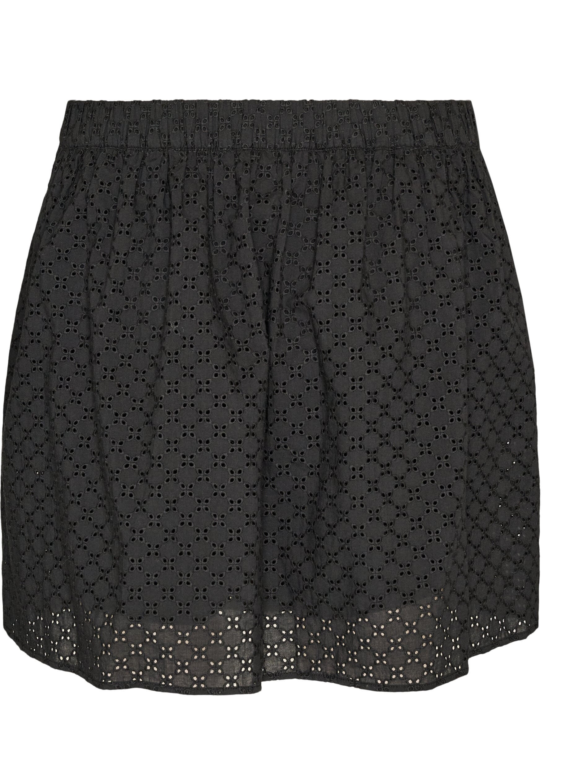 ZizziKort skj&oslash;rt med broderie anglaise og elastisk midje, Svart, Packshot image number 1