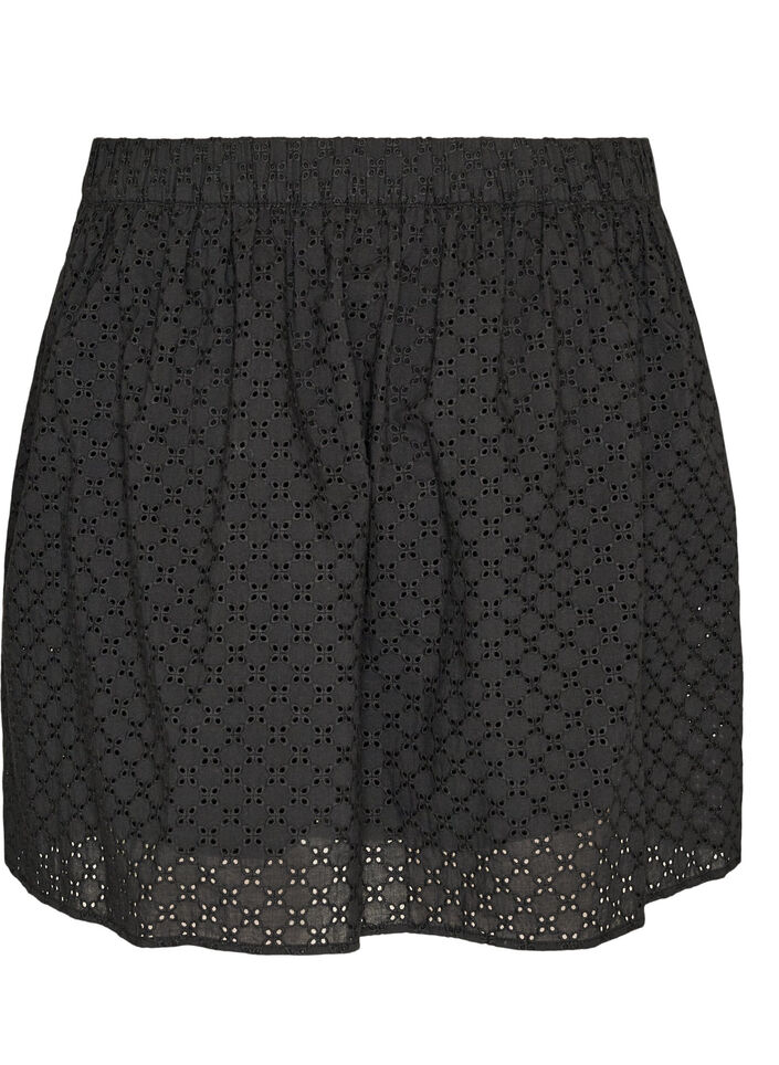 Kort skj&oslash;rt med broderie anglaise og elastisk midje, Svart, Packshot image number 1