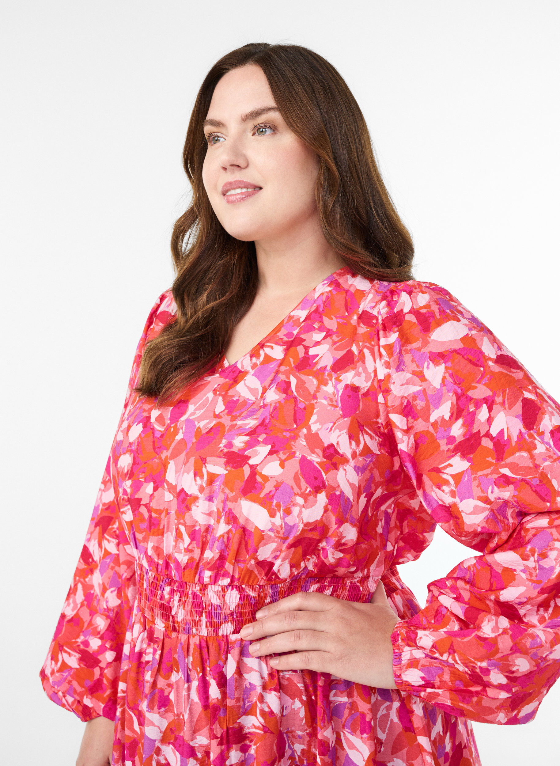 Zizzi Midikjole med fargerikt bladtrykk, Rosa, Model image number 3