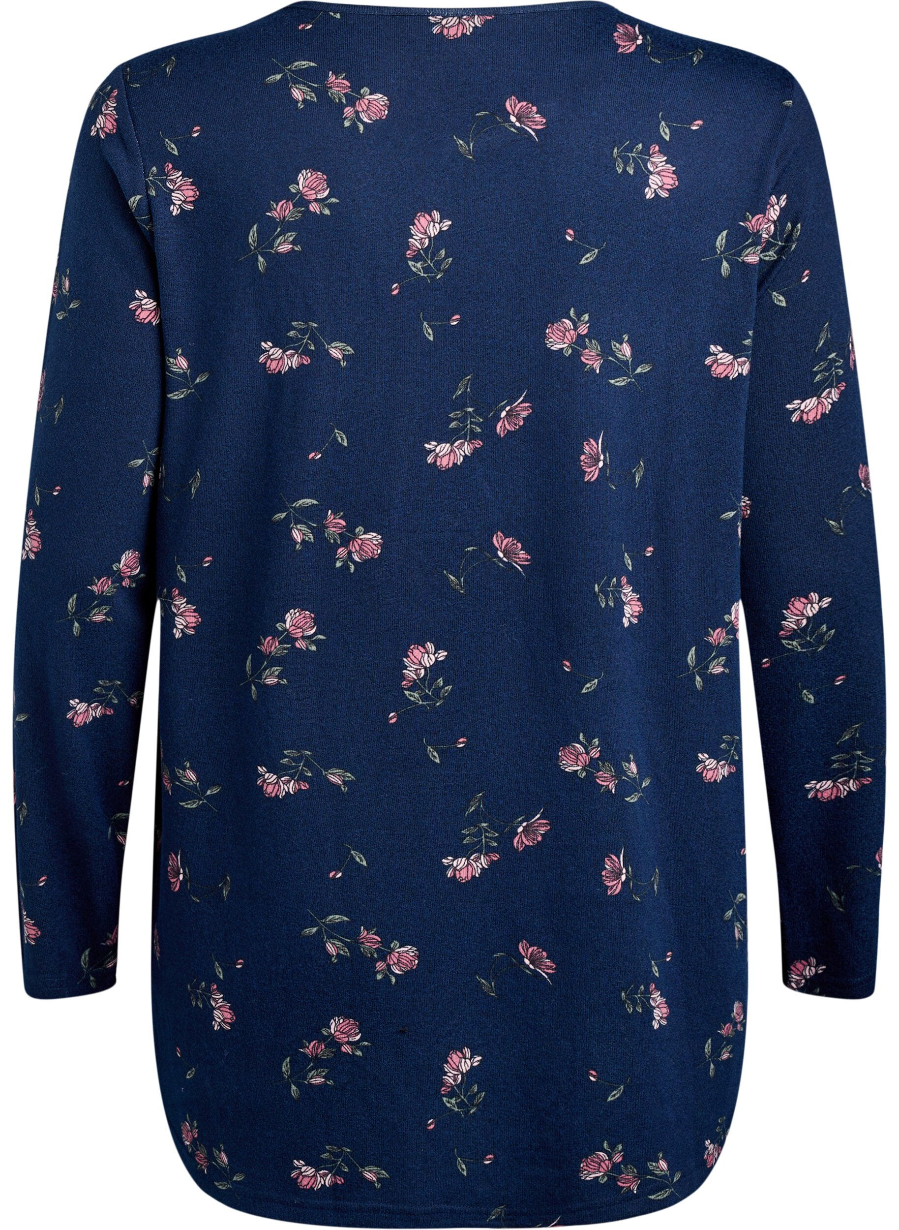 Zizzi Blomstret bluse med lange ermer, Bl&aring;, Packshot image number 1