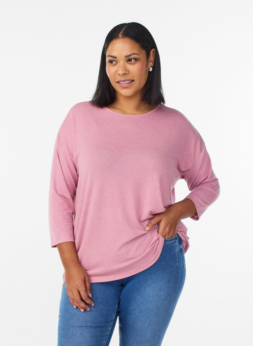 Jersey bluse med 3/4 ermer, Rosa, Model image number 0
