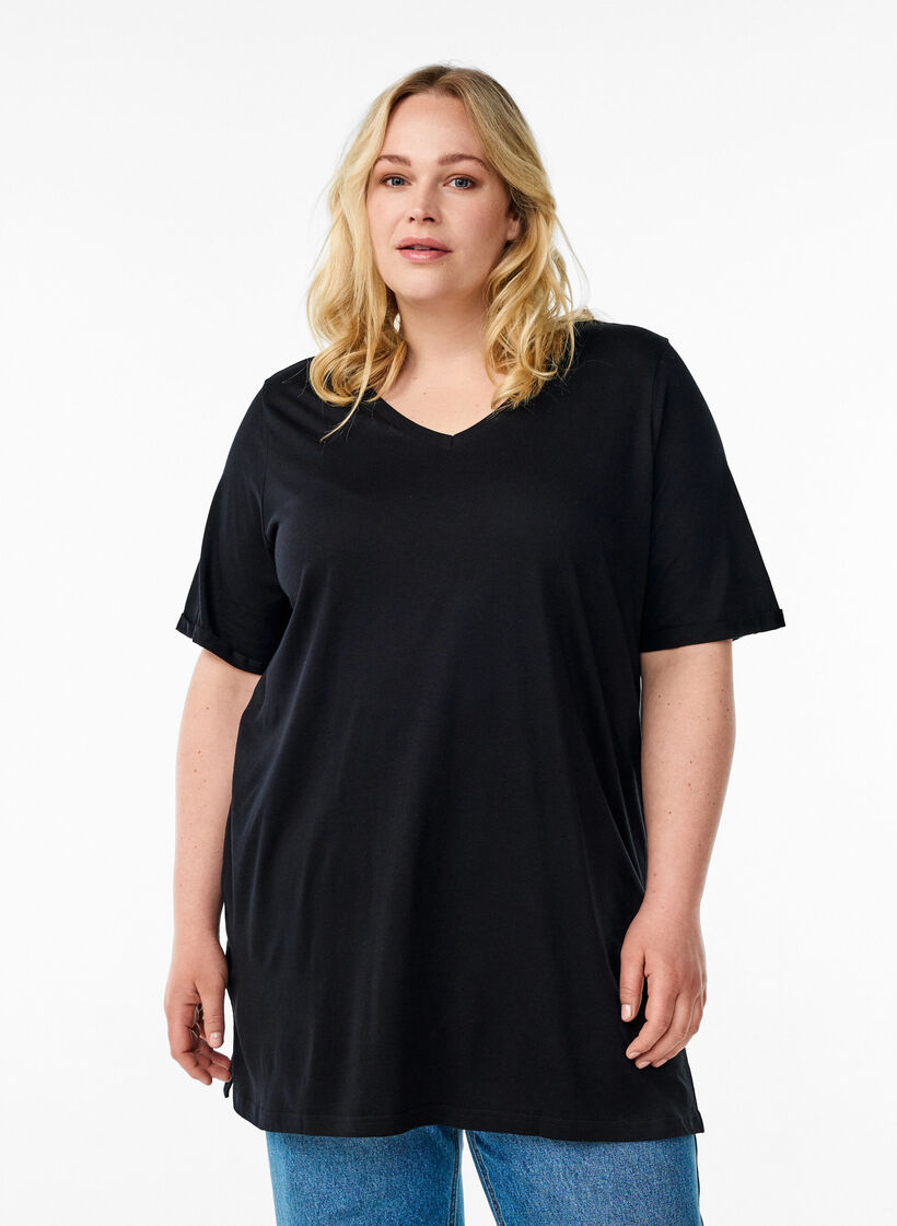 Ensfarget oversized T-skjorte med V-hals, Svart, Model image number 0