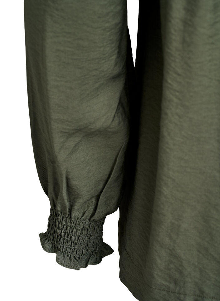 Viskosebluse med smock og rynkede detaljer, Grønn, Packshot image number 3