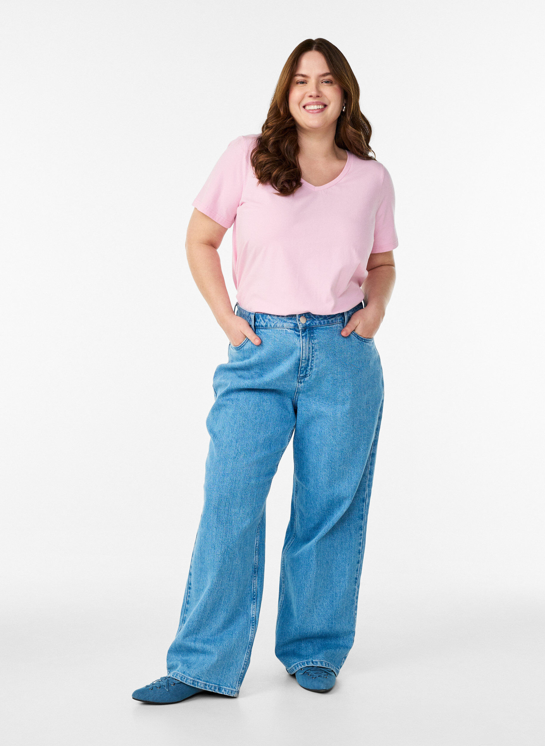 ZizziEnsfarget basis t-skjorte i bomull, Rosa, Model image number 1