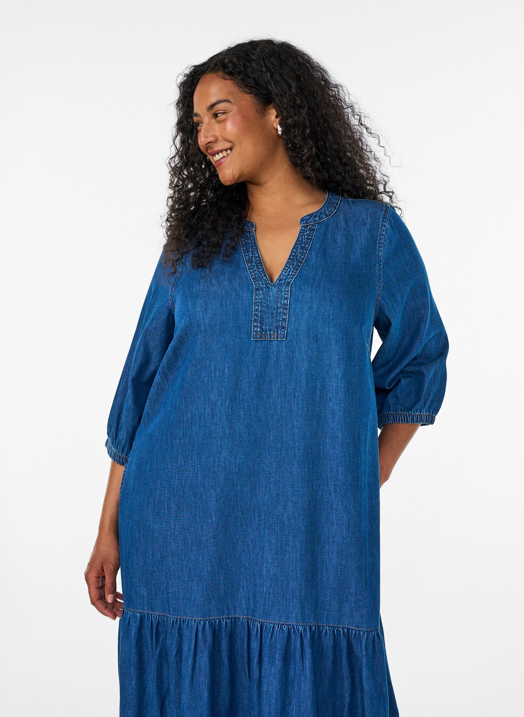 ZizziDenim maxikjole med volang lag, Bl&aring;, Model image number 2