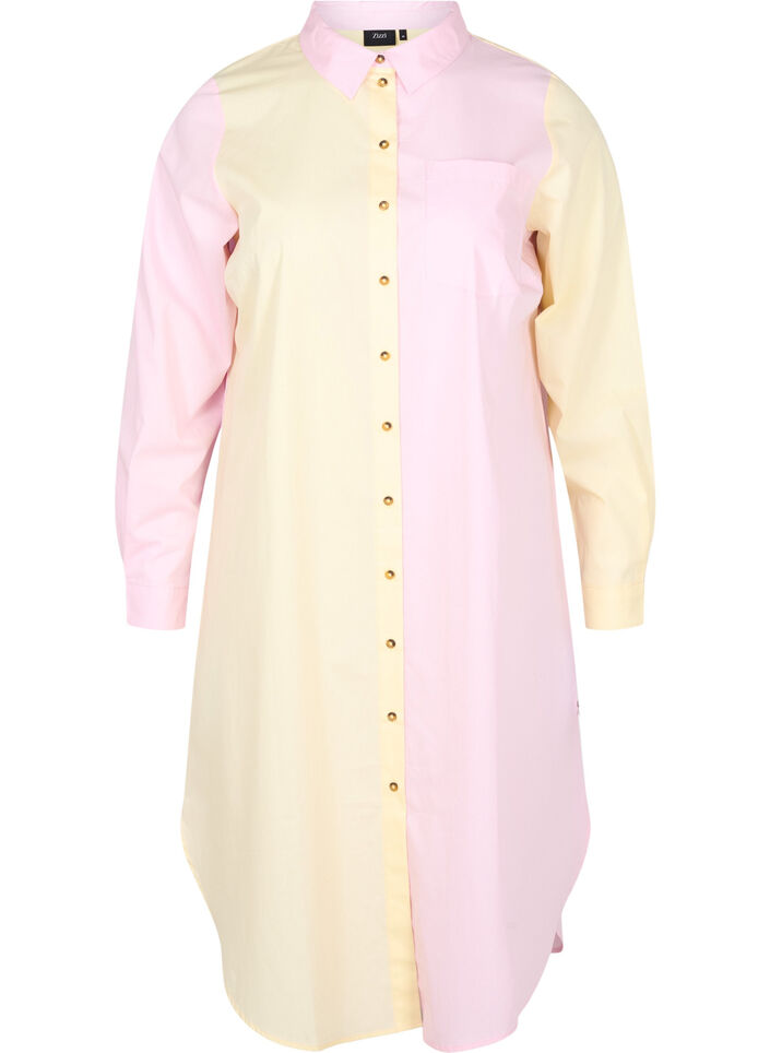 Lang skjorte i bomull med colourblock, Popcorn/Pink, Packshot image number 0