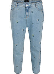 Mille mom fit jeans med blomstrete broderi, Blue w. Small Flower
