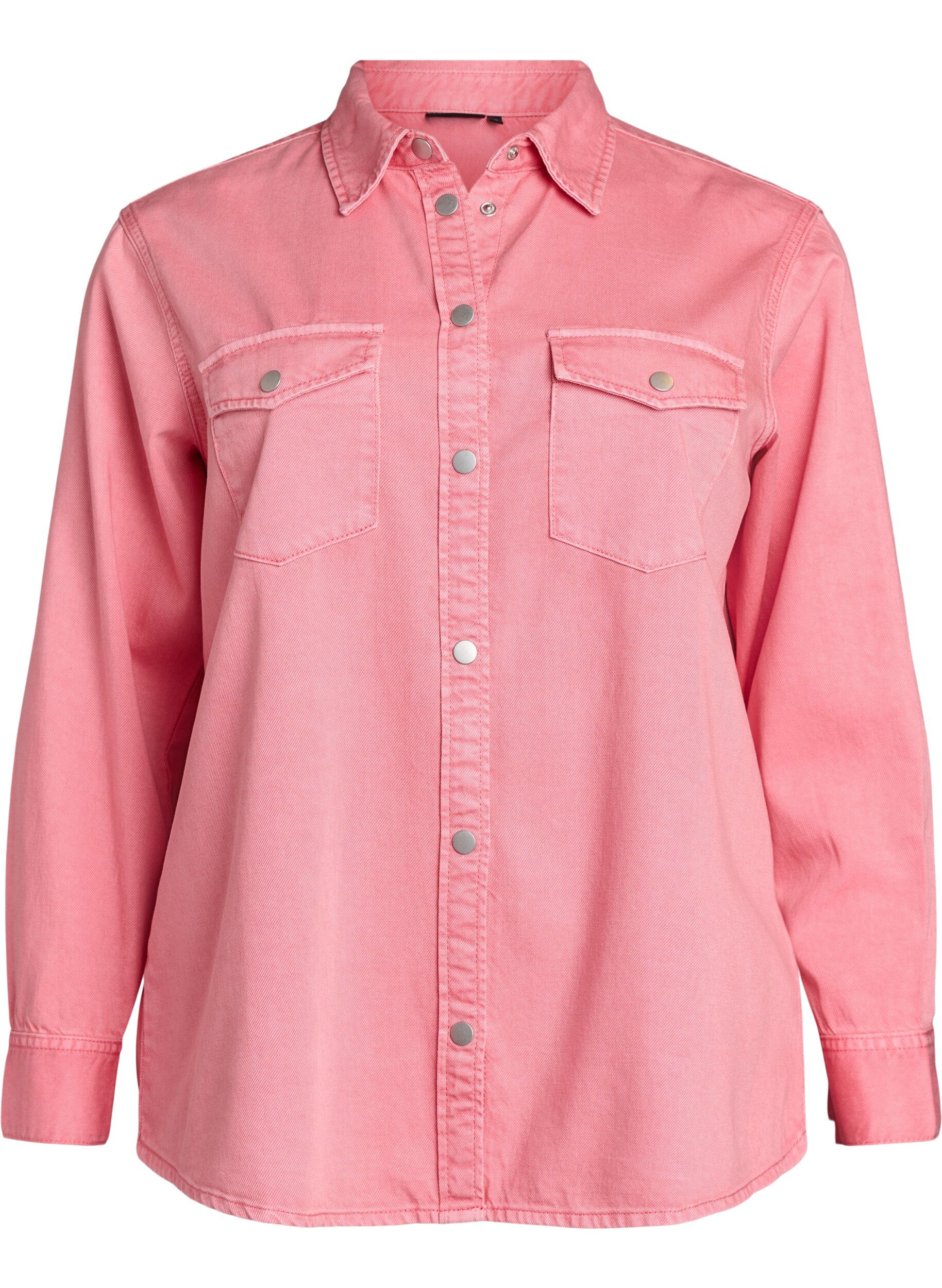 Zizzi Denimskjorte med brystlommer, Rosa, Packshot image number 0