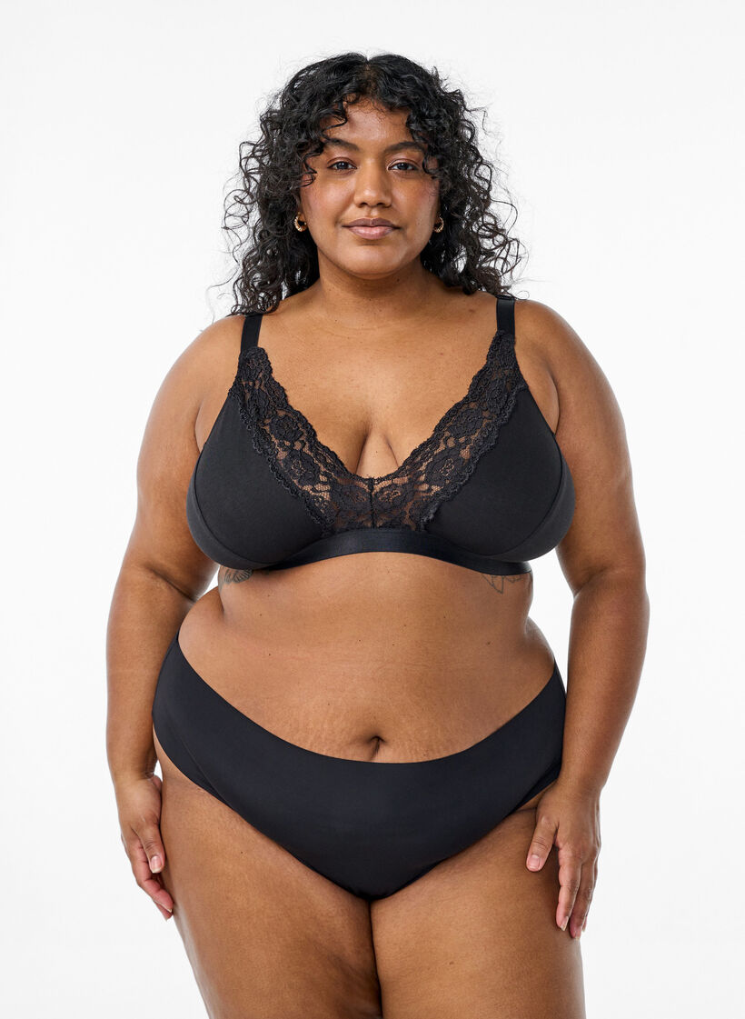 Bralette i bomull med blonder, Svart, Model image number 1
