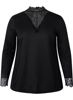 Bluse med blonder og lange ermer, Black, Packshot image number 0